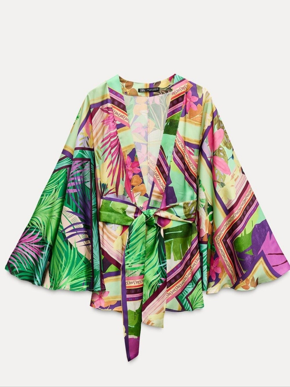 Zara Satin Effecr Vibrant Tropical Print Kimono Wrap Top - Green/Purple